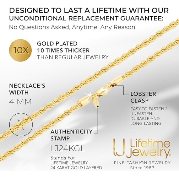 4mm Gold Rope Chain for Men & Women 24k Real Gold Plated Diamond Cut Gold Necklace 16 to 30 Inch