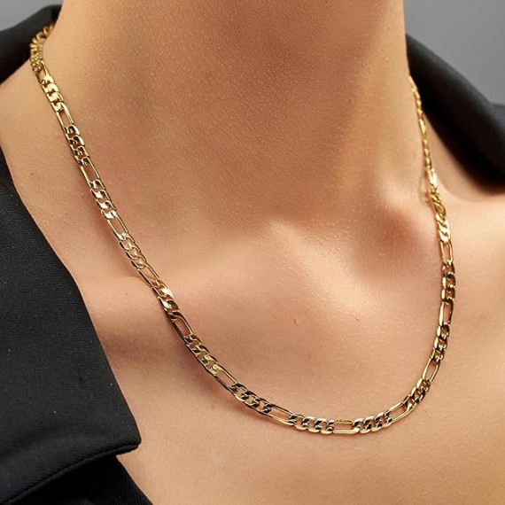 4mm Figaro Chain Necklace 24k Gold Plated for Men Women & Teens