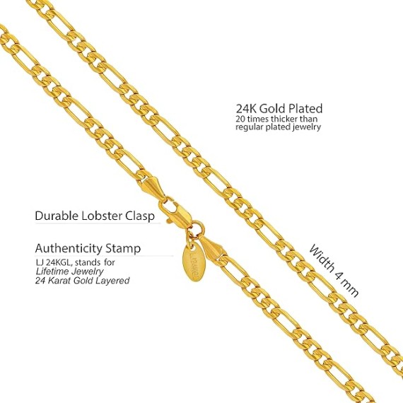 4mm Figaro Chain Necklace 24k Gold Plated for Men Women & Teens