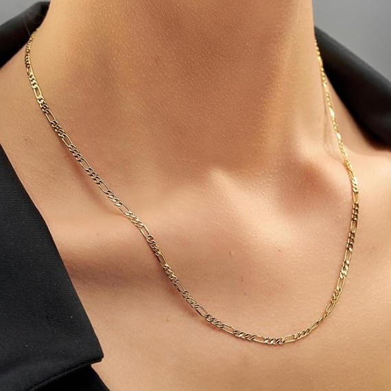 2.5mm Figaro Chain Necklace 24k Real Gold Plated Women and Men