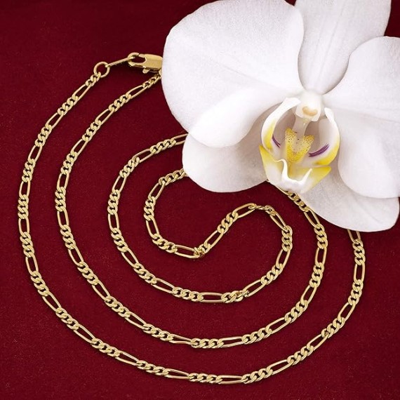 2.5mm Figaro Chain Necklace 24k Real Gold Plated Women and Men