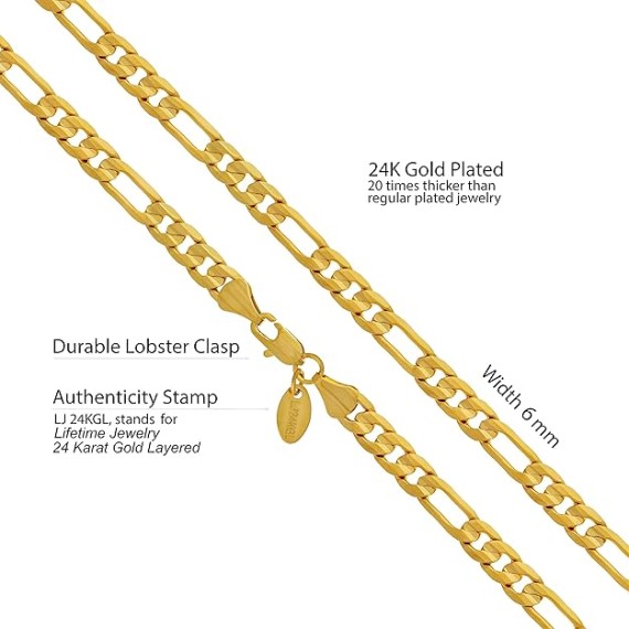 6mm Figaro Chain Necklace for Men and Women 24k Real Gold Plated