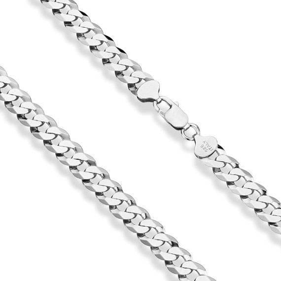 Solid 925 Sterling Silver Italian 9mm Solid Diamond-Cut Cuban Link Curb Chain Necklace For Men, Made in Italy