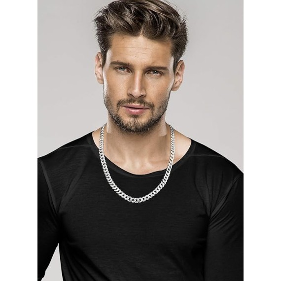 Solid 925 Sterling Silver Italian 9mm Solid Diamond-Cut Cuban Link Curb Chain Necklace For Men, Made in Italy