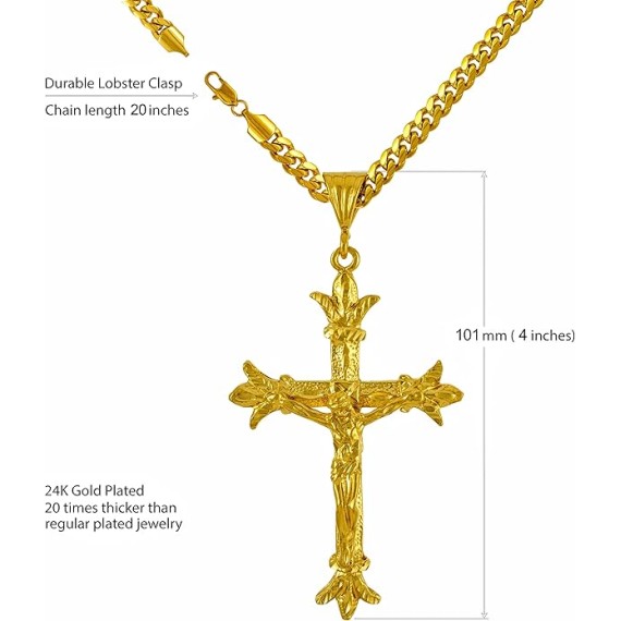 Saint Thomas Cross Necklace 24k Real Gold Plated Jumbo Size