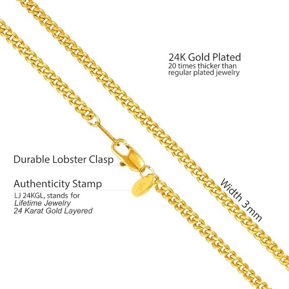 3mm Curb Link Chain Necklace for Women and Men 24k Gold Plated