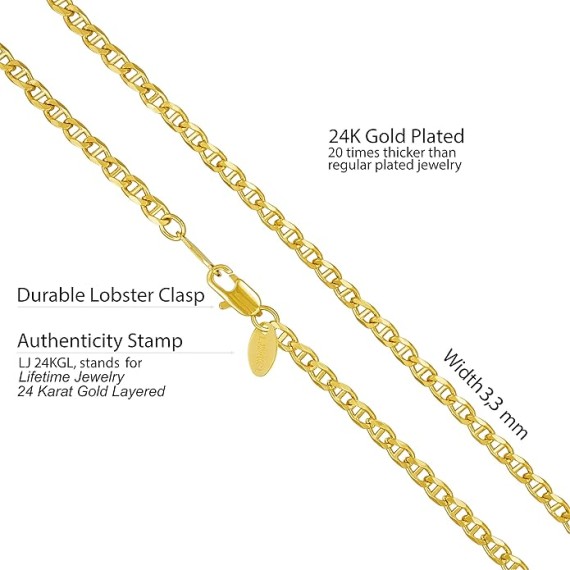 3mm Mariner Link Chain Necklace for Women & Men 24k Gold Plated