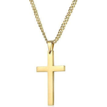 24K Gold Chain Style Cross Pendant Necklace Solid Clasp for Men, Husband, Thin for Charms Miami Cuban Link Diamond Cut