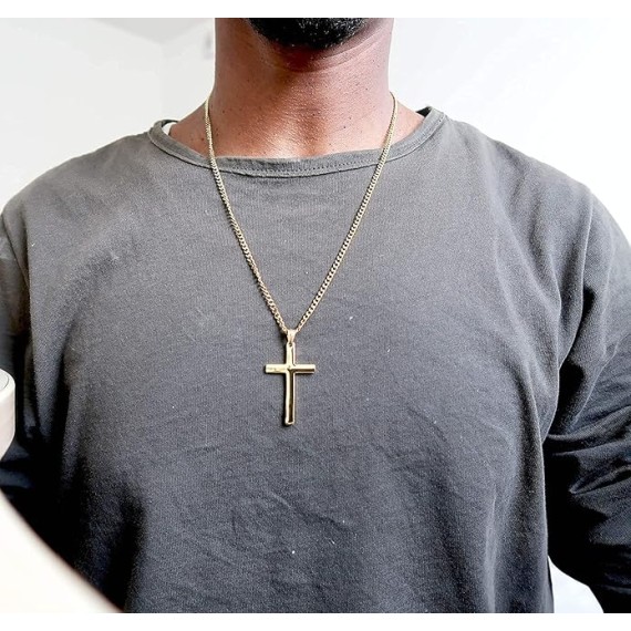 24K Gold Chain Style Cross Pendant Necklace Solid Clasp for Men, Husband, Thin for Charms Miami Cuban Link Diamond Cut