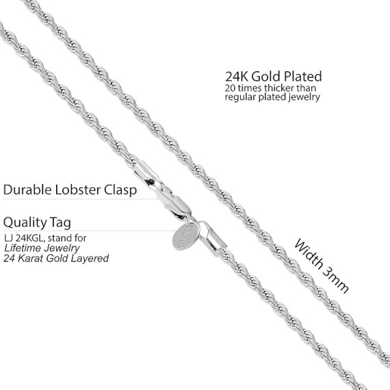 24k Real Gold Plated 3mm Gold Rope Chain for Men & Women Diamond Cut Gold Chain Necklace Women & Necklace for Men 14 to 36 Inch