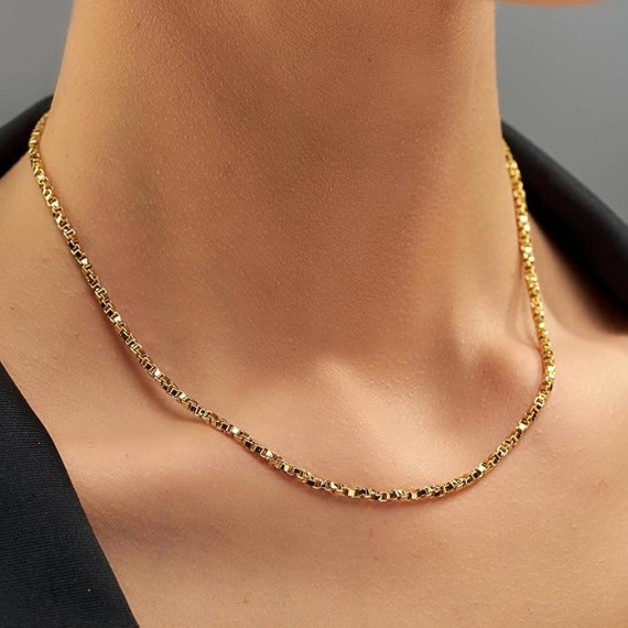 2.6mm Twisted Box Chain Necklace 24k Gold Plated Women and Men