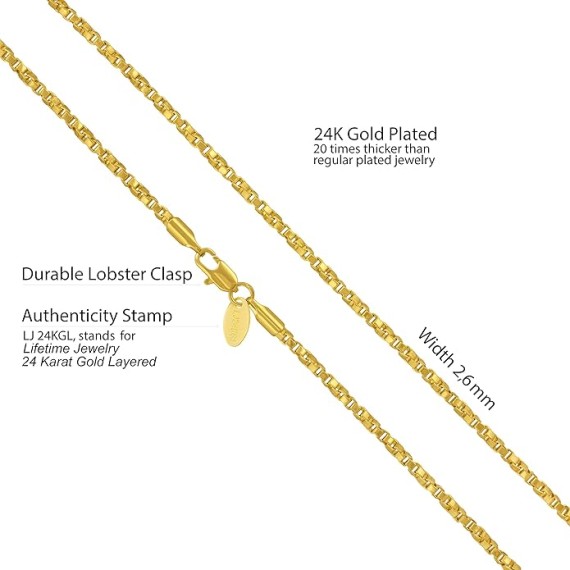 2.6mm Twisted Box Chain Necklace 24k Gold Plated Women and Men