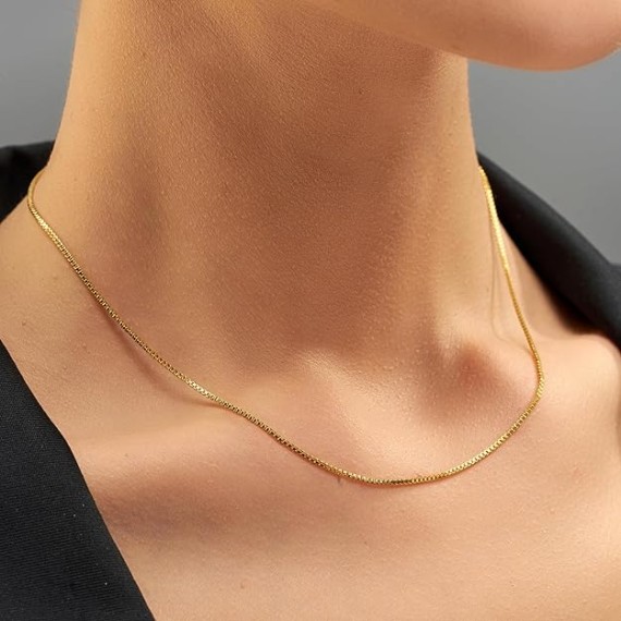 1mm Box Chain Necklace for Women and Men 24k Real Gold Plated