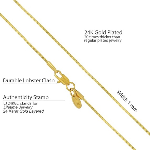 1mm Box Chain Necklace for Women and Men 24k Real Gold Plated