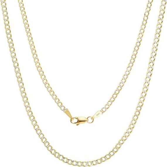10k Real Yellow Gold Cuban Curb Link 2mm Diamond Cut Pave Chain Necklace (16"-24") Two Tone Italian Jewelry for Men & Women