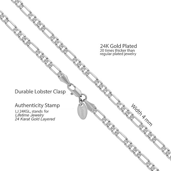 4mm Figaro Chain Necklace 24k Gold Plated for Men Women & Teens
