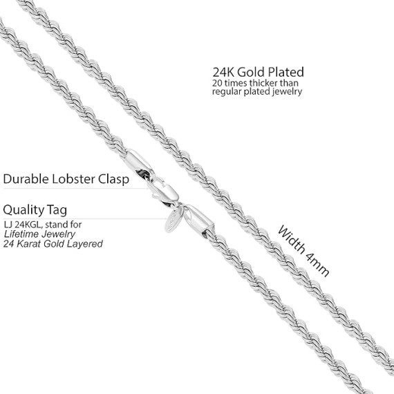 4mm Gold Rope Chain for Men & Women 24k Real Gold Plated Diamond Cut Gold Necklace 16 to 30 Inch