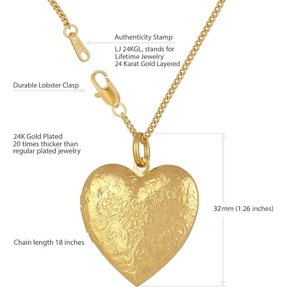 Antique Heart Locket Necklace That Holds Pictures 24k Gold Plated