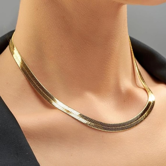 7mm Flexible Herringbone Chain Necklace 24k Real Gold Plated