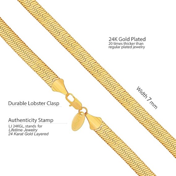 7mm Flexible Herringbone Chain Necklace 24k Real Gold Plated