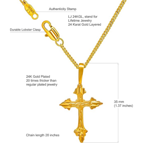 Diamond Cut Cross Necklaces for Women & Men 24k Real Gold Plated