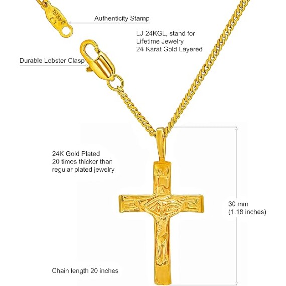 Small Simple Crucifix Necklaces for Men & Women 24k Real Gold Plated