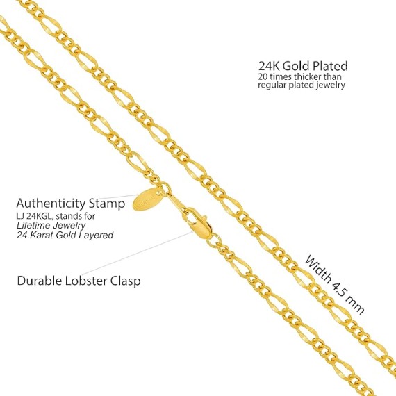 4.5mm Rounded Figaro Chain Necklace for Men & Women 24k Gold Plated