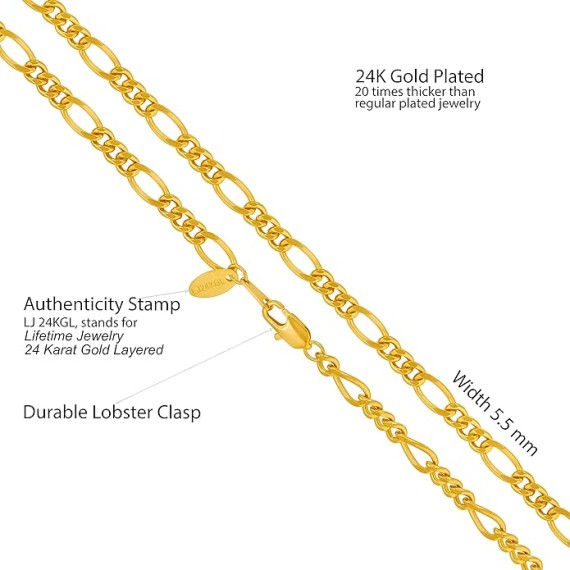 5.5mm Rounded Figaro Chain Necklace 24k Real Gold Plated