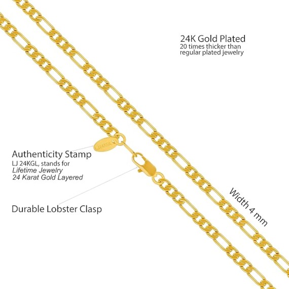 Flat Figaro Chain Necklaces for Men & Women 24k Real Gold Plated (4mm, 5.5mm & 7mm)