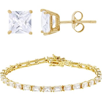 Sterling Silver Yellow 6mm Princess Cut Cubic Zirconia Solitaire Studs & Straight Baguette Cubic Zirconia Tennis 7"Bracelet Set