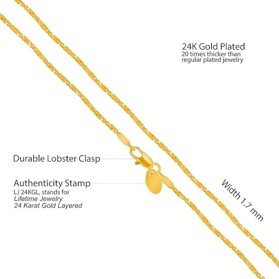 1.7mm Twisted Box Chain Necklace for Women & Men 24k Gold Plated