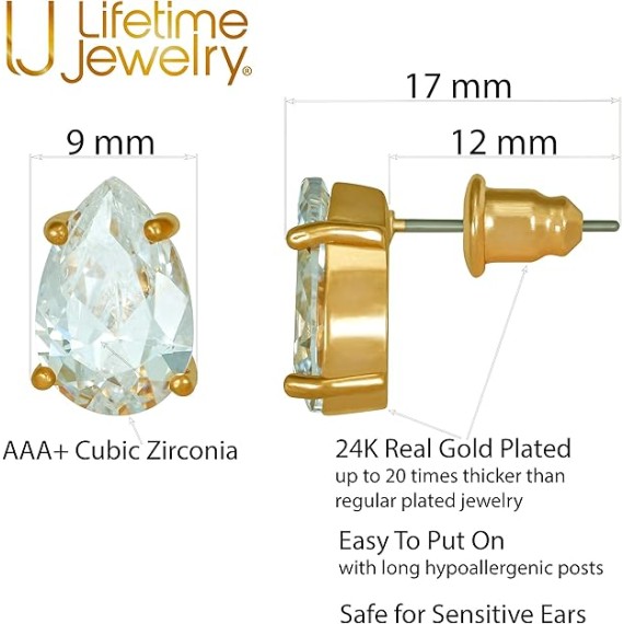 9mm Cubic Zirconia Teardrop Stud Earrings 24k Real Gold Plated