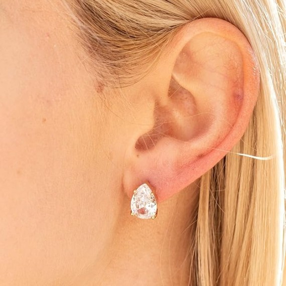 9mm Cubic Zirconia Teardrop Stud Earrings 24k Real Gold Plated