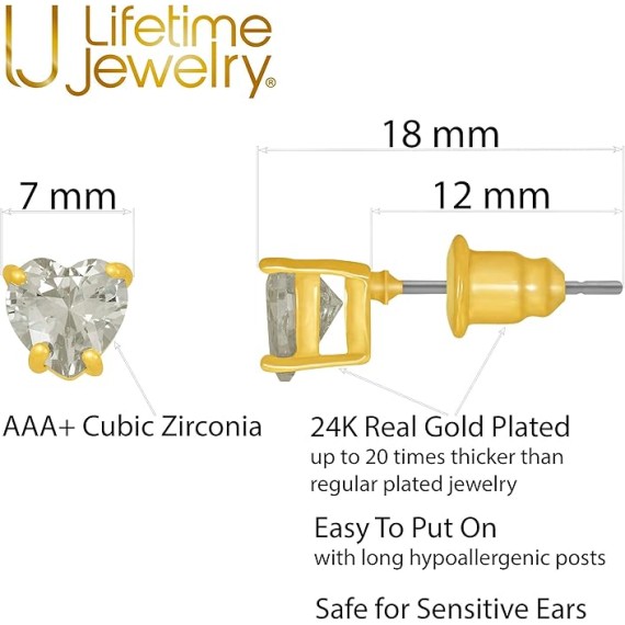 Cubic Zirconia Heart Stud Earrings for Women 24k Gold Plated