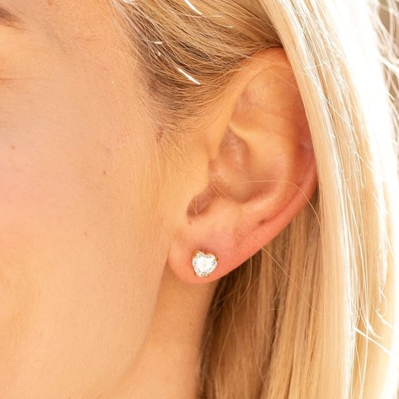 Cubic Zirconia Heart Stud Earrings for Women 24k Gold Plated
