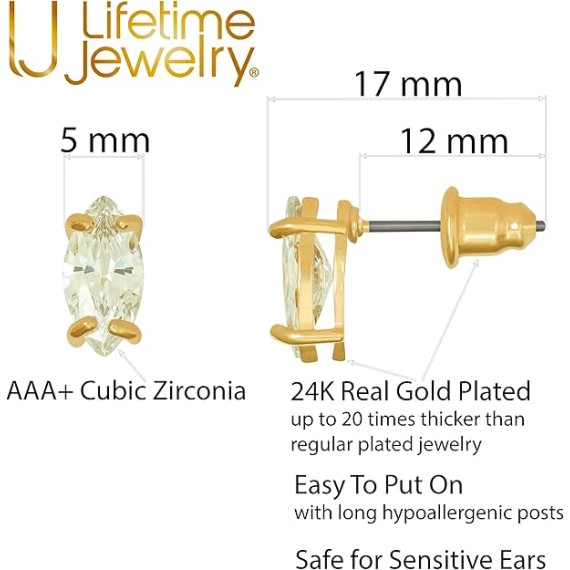 Cubic Zirconia Marquise Stud Earrings for Women 24k Gold Plated