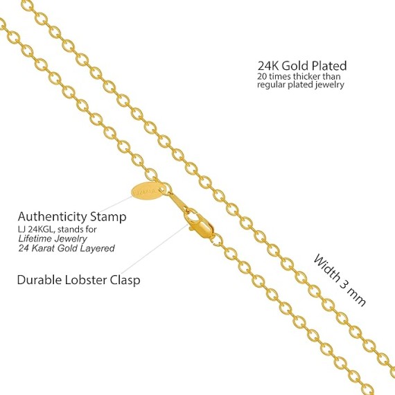 3mm Cable Link Chain Necklace for Women & Men 24k Real Gold Plated