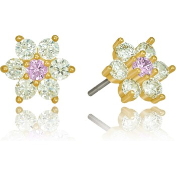 Cubic Zirconia 9mm Flower Stud Earrings 24k Real Gold Plated
