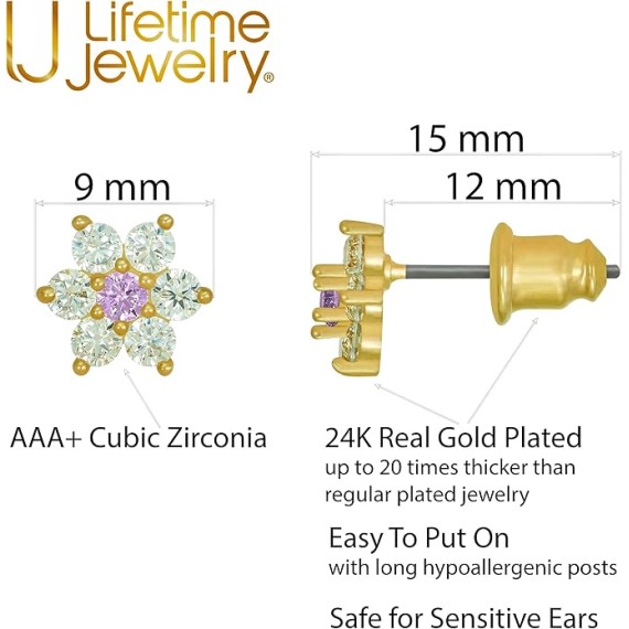 Cubic Zirconia 9mm Flower Stud Earrings 24k Real Gold Plated