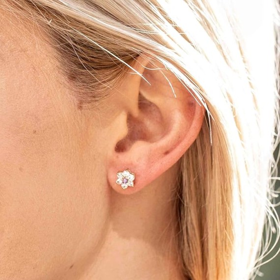Cubic Zirconia 9mm Flower Stud Earrings 24k Real Gold Plated