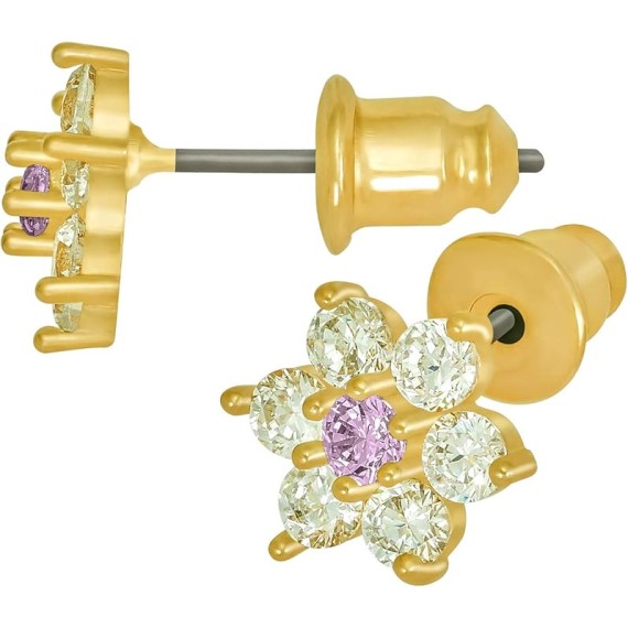 Cubic Zirconia 9mm Flower Stud Earrings 24k Real Gold Plated