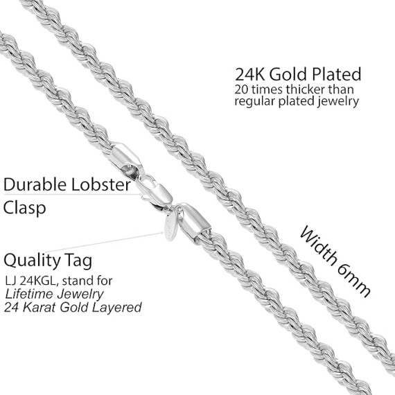 6mm Rope Chain Necklace for Women and Men 24k Real Gold Plated
