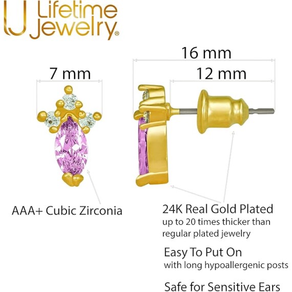 Cubic Zirconia Marquise Stud Earrings 24k Gold Plated