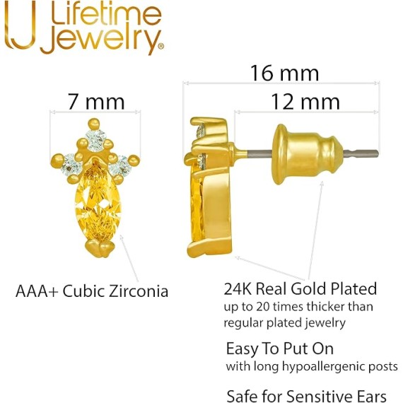 Cubic Zirconia Marquise Stud Earrings 24k Gold Plated