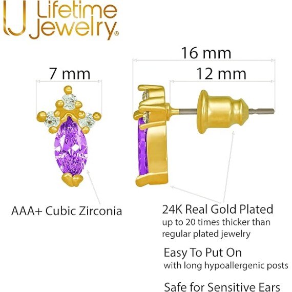 Cubic Zirconia Marquise Stud Earrings 24k Gold Plated