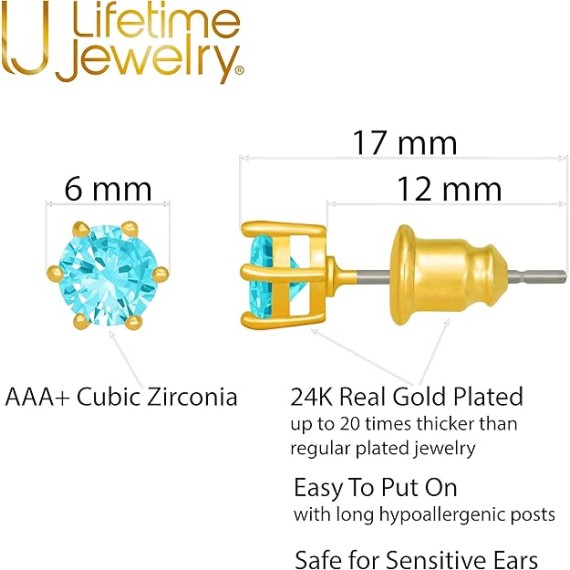 Cubic Zirconia Circle Birthstone Stud Earrings 24k Gold Plated