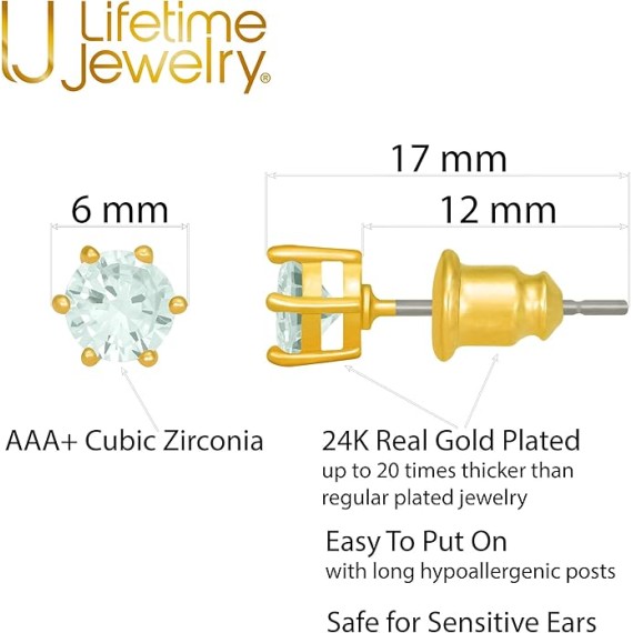 Cubic Zirconia Circle Birthstone Stud Earrings 24k Gold Plated