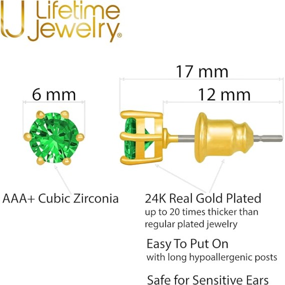 Cubic Zirconia Circle Birthstone Stud Earrings 24k Gold Plated