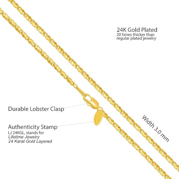 3mm Emblem Chain Necklace for Women and Men 24k Gold Plated