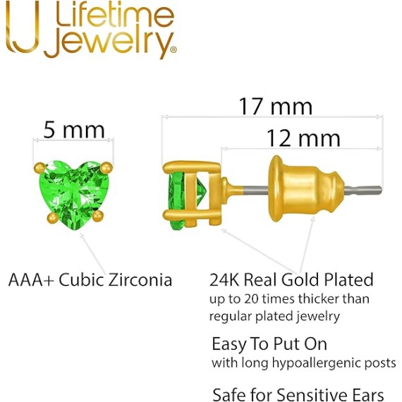 Cubic Zirconia Heart Birthstone Stud Earrings 24k Gold Plated